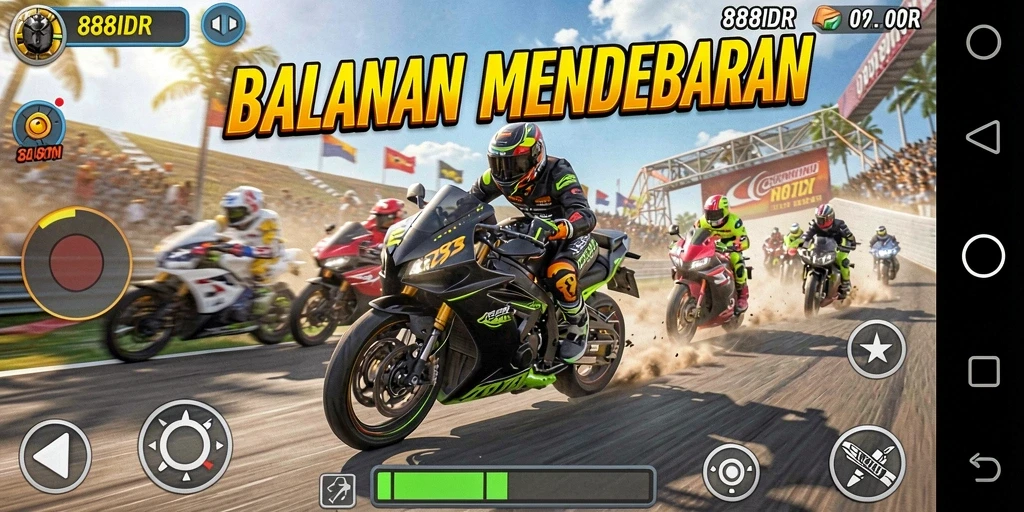 Screenshot gameplay 888IDR menampilkan aksi balapan motor yang seru.