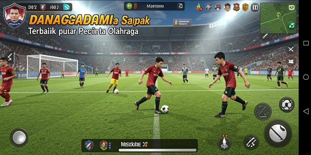 Screenshot utama DANAGAME menampilkan aksi sepak bola yang intens.