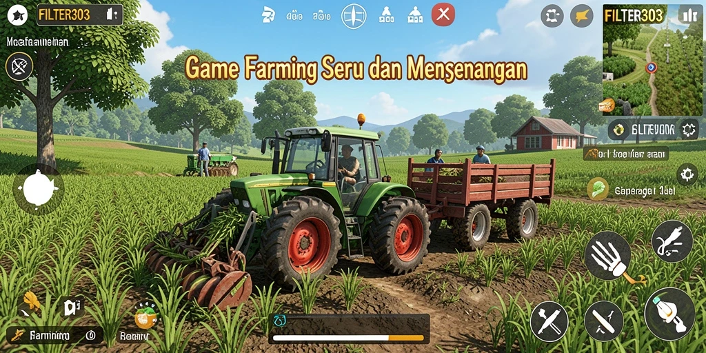 Tampilan gameplay FILTER303 dengan lahan pertanian yang rimbun.