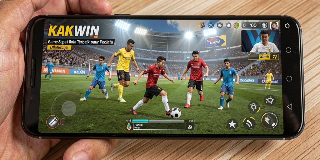 Screenshot utama KAKWIN menampilkan aksi permainan sepak bola yang intens dan dinamis.