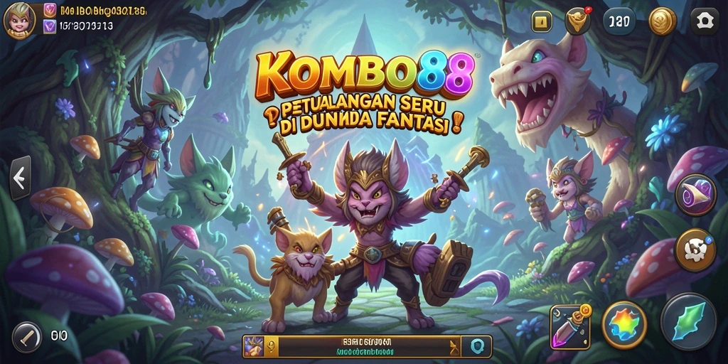 Screenshot KOMBO88 menunjukkan dunia fantastis dengan karakter utama berpetualang.