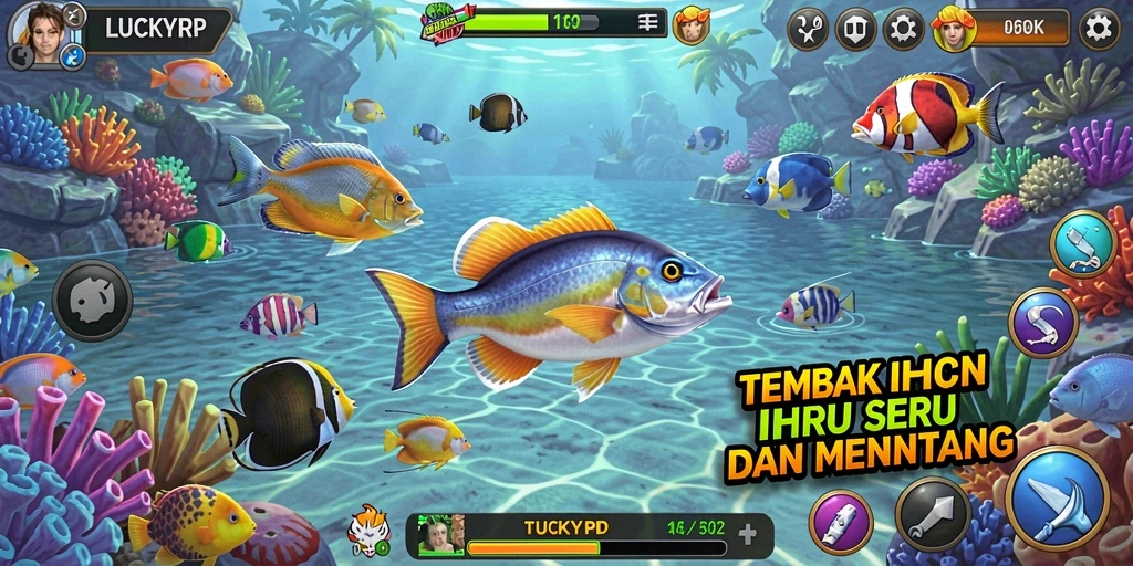 Tampilan gameplay seru LUCKYRP dengan berbagai jenis ikan.