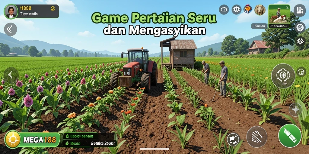Screenshot utama MEGA188 menampilkan gameplay pertanian yang mengasyikkan.