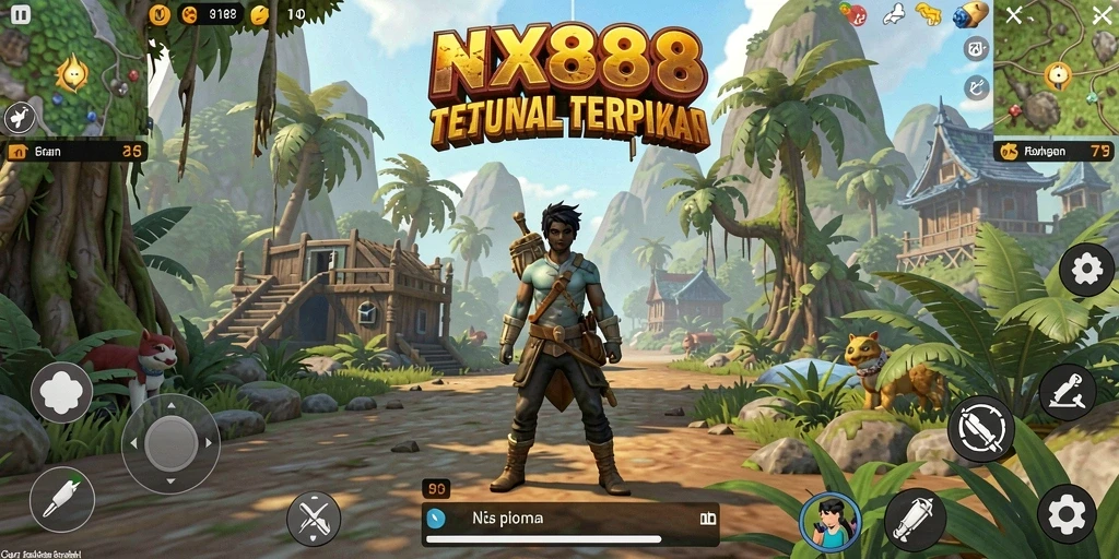 Screenshot menunjukkan pemain menjelajahi dunia terbuka NX888 dengan berbagai aktivitas.