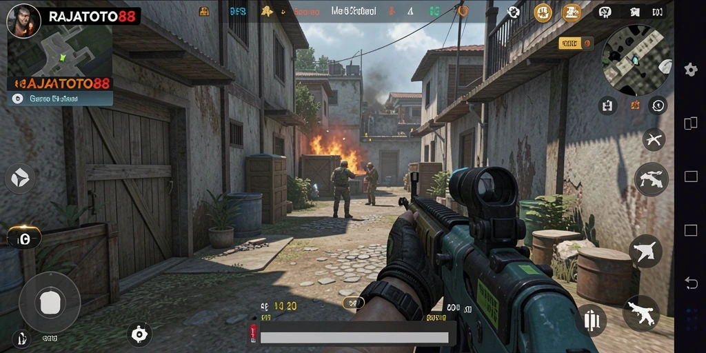 Screenshot gameplay RAJATOTO88 menampilkan aksi tembak-menembak yang intens.