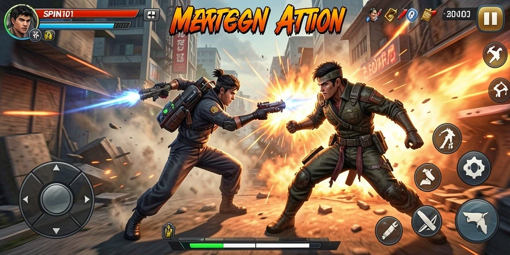 Screenshot SPIN101 menampilkan adegan aksi yang mendebarkan dalam gameplay.